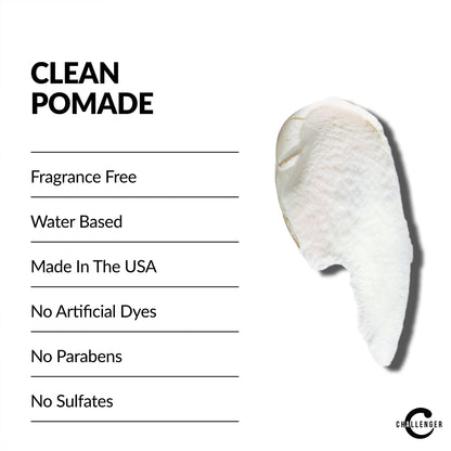 White cream smear of Challenger Clean Pomade next to a list of product features like fragrance-free and water-based.